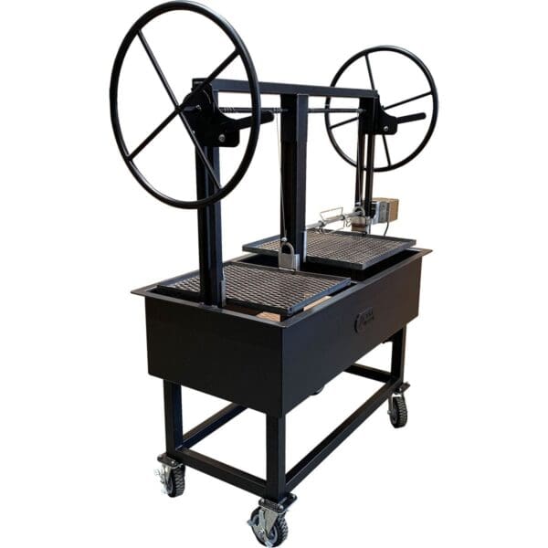 Dual crank Santa Maria Style grill with caster tires and adjustable grates.