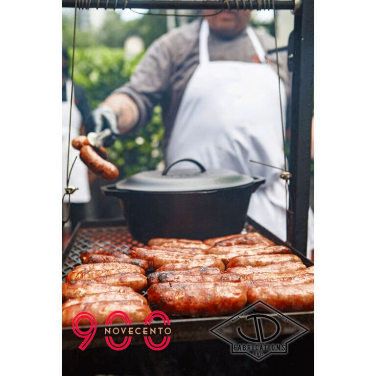 Sausage-Cooking-On-Santa-Maria-Grill-With-Dutch-Oven