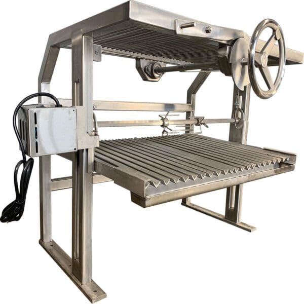 Stainless Argentine style grill insert with centered wheel for brick structure