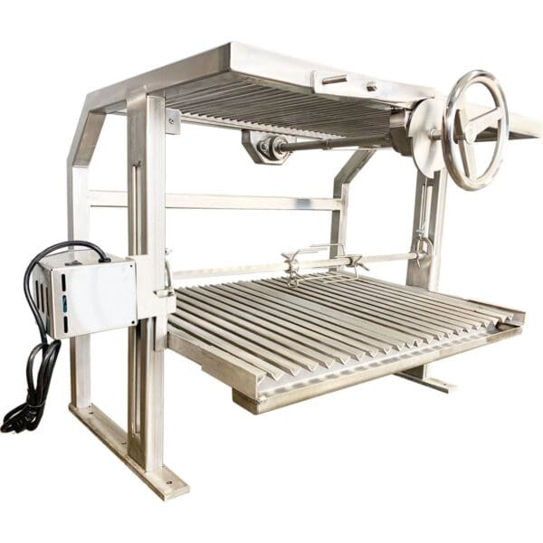 Argentine grill insert for fireplace with rotisserie
