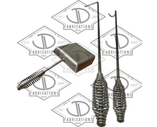 stainless hand shovel meat hook or pig tail and fire poker or stoker