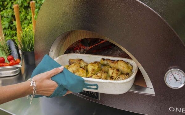 ALFA Forni outdoor oven cooking chicken drumsticks