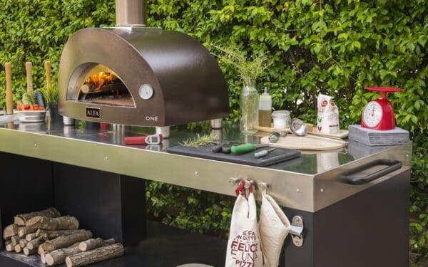 ALFA One patio oven on stainless prep table