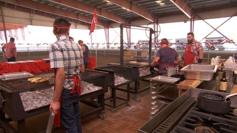 Master Chef Red team cooking on two gaucho style grills